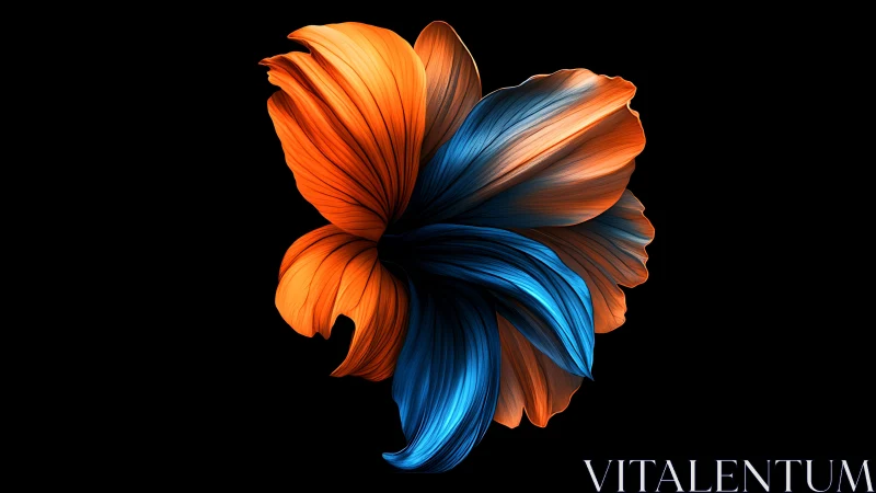 Vivid orange and blue abstract petals swirl on deep black