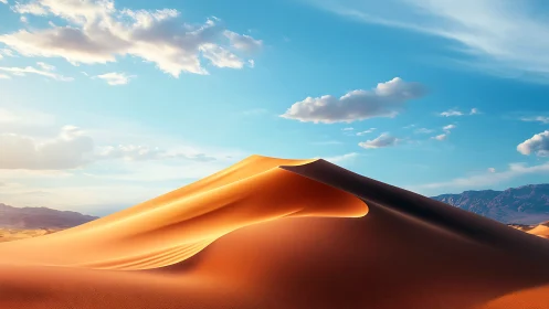 Sunlit desert dune with clear sky and distant ridge line.