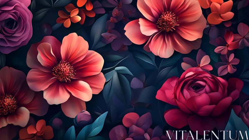 Hyperrealistic Floral Composition with Crimson Blooms and Teal Foliage.