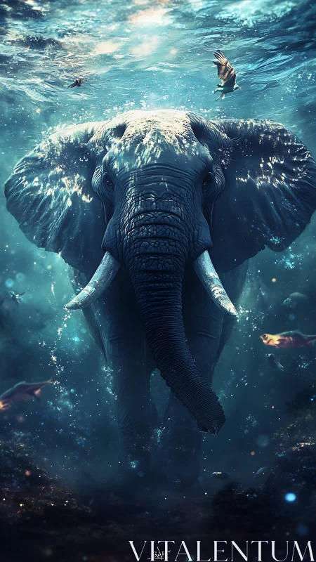 Majestic elephant strides through dreamlike underwater world.
