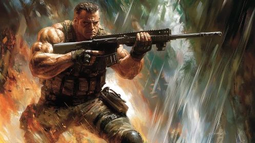 Battle-hardened hero charging through fire and storm.