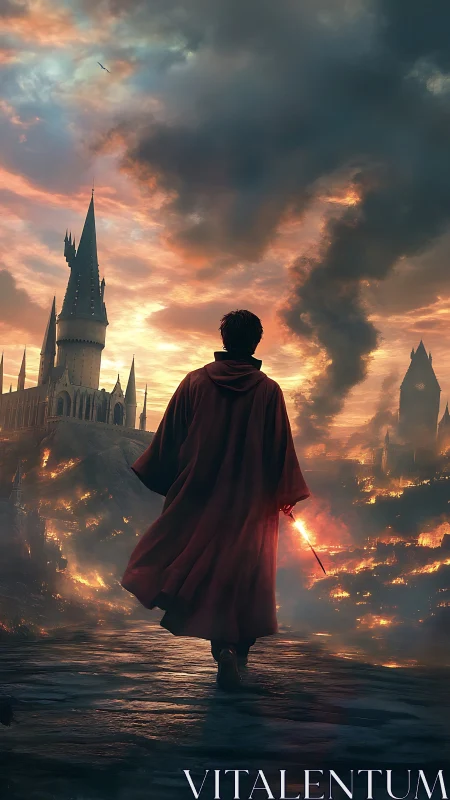 Robed figure with wand facing burning fantasy castle.