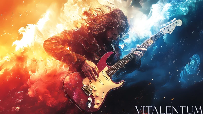 Electric guitarist plays amid contrasting fire and smoke