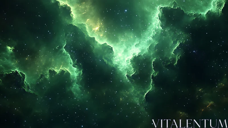 Green glowing nebula cloud spans dense star field in space