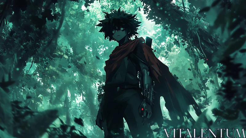 Solitary cybernetic wanderer standing in luminous jungle.