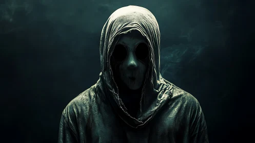 Mysterious hooded figure emerging from deep green shadows.