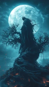 Twisted tree figure silhouetted against full blue moon.