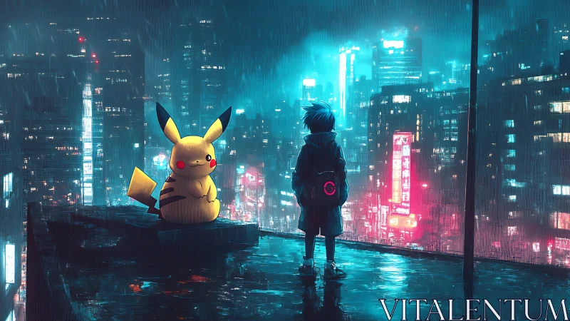 Pikachu and trainer on rainy cyberpunk city rooftop