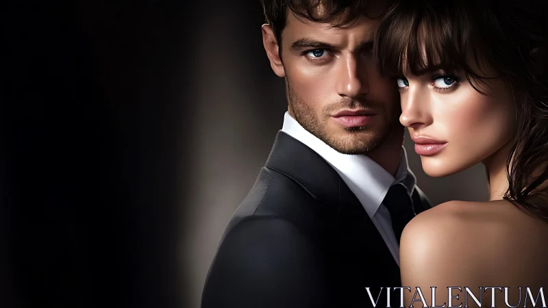 Formal man and woman in close portrait on dark background.