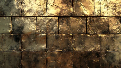 Textured metallic brick wall with distressed golden patina.
