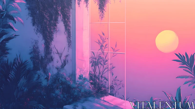 Indoor plants frame vivid pink sunset through tall window