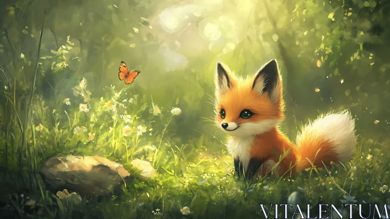 Cartoon fox observing butterfly in sunlit forest clearing.