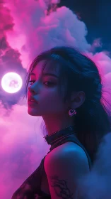 Moonlit neon dreamer drifting through violet clouds.
