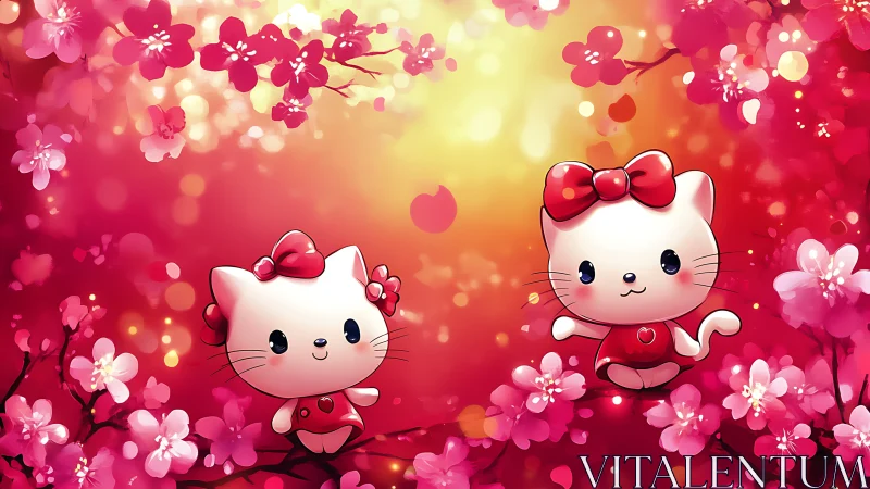 Two Adorable Kittens Dancing Among Blooming Pink Flowers