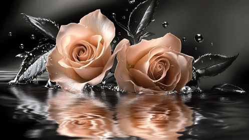 Peach Roses Splash Water Dynamic.