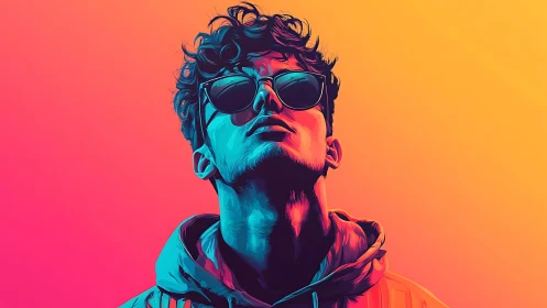 Neon gradient portrait of young man in stylized hoodie.