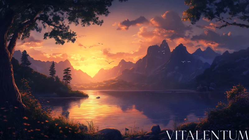 Digital sunset alpine lake with atmospheric depth rendering.