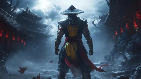 Warrior stands in stormy temple courtyard with cinematic lighting