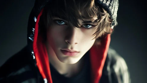Hooded adolescent portrait under cinematic rim lighting.