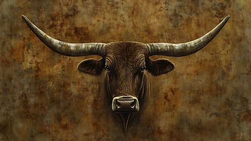 Steady longhorn portrait glowing against rustic golden browns.