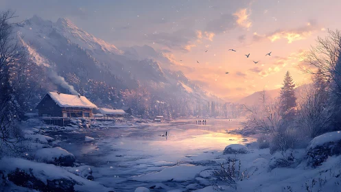 Snowbound lakeside cabin under glowing alpine sunset.