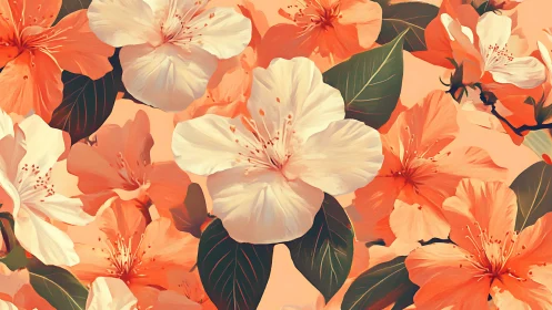 Vibrant Orange and Cream Flowers Bloom in Dense Floral Pattern.