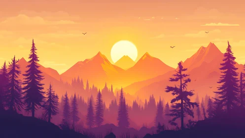 Sunset illuminates stylized mountains and dense pine forest