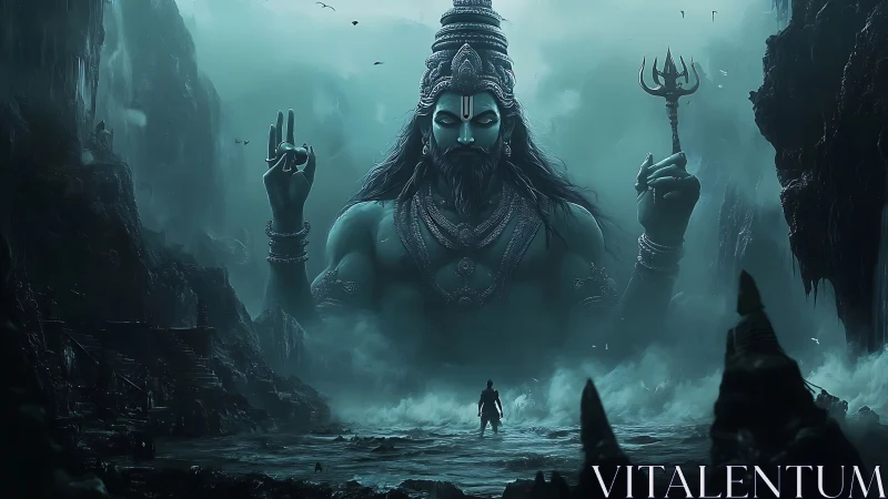 Colossal sea god awakens in mist-drenched canyon temple.