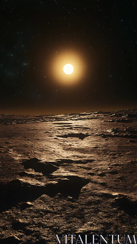 Rocky extraterrestrial landscape under bright distant sun.