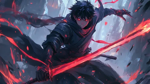 Dark anime swordsman with glowing red katana in motion blur