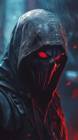 Hooded phantom in neon rain, glowing with red mystery.