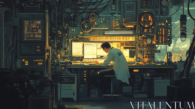 Cybernetic lab scientist codes under dense neon circuitry.