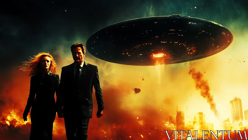 Cinematic photoreal sci fi invasion with agents in foreground.