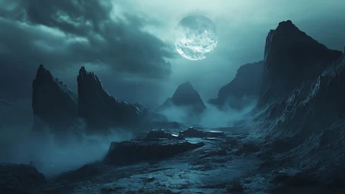Digital painting of misty alien canyon under luminous full moon.