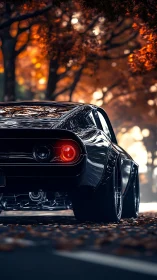 Retro muscle car rear view under cinematic autumn light.
