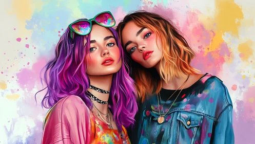 Chromatic portrait of two stylized women in neon pigment fields.