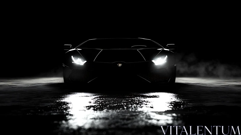 Low‑key supercar front view emerges from the cinematic dark