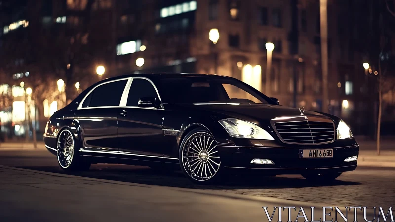 Midnight luxury sedan glows softly under warm city lights