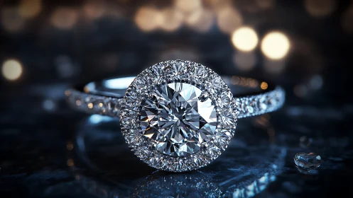 Halo diamond engagement ring on reflective dark surface.