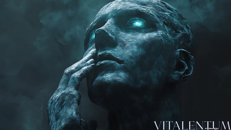 Stone dreamer awakens as turquoise light storms its eyes