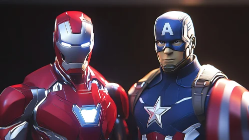 Stylized 3D render depicts two armored heroic figures in tandem