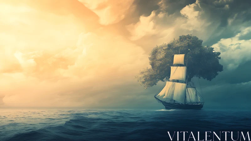 Sailing ship carries large tree across calm open sea.