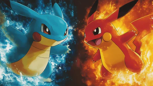 Elemental duel of fiery thunder and tidal lightning mascots.