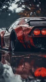 Rain-soaked red supercar reflects on wet pavement at dusk.