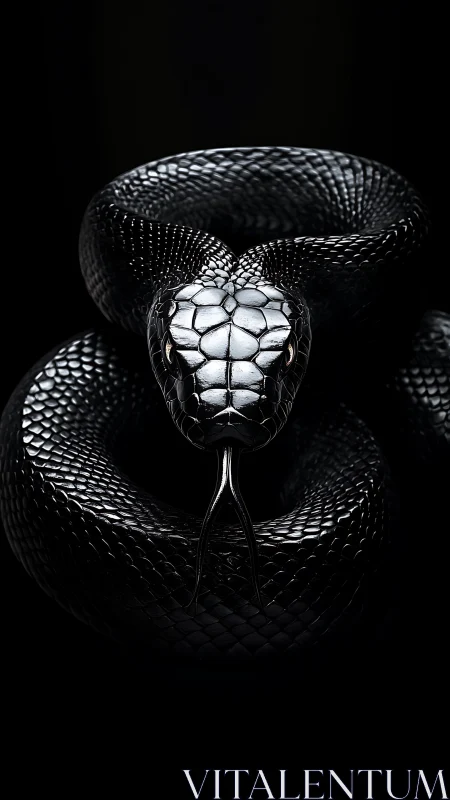 Photorealistic coiled black snake with high-gloss scales.