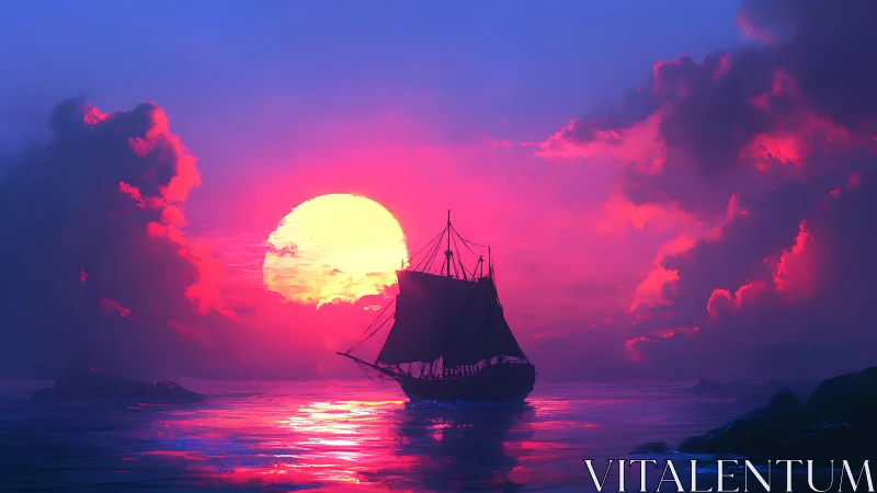 Sailing silhouette against neon magenta cinematic sunset seascape.