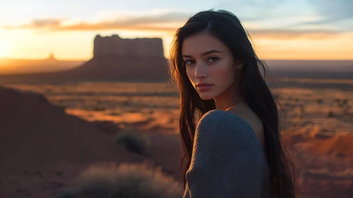 Woman looks back over desert landscape at sunset light.