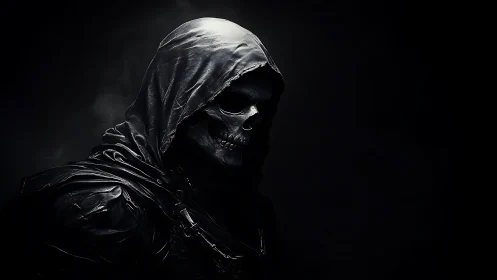 Hooded skeletal reaper rendered in high-contrast chiaroscuro.