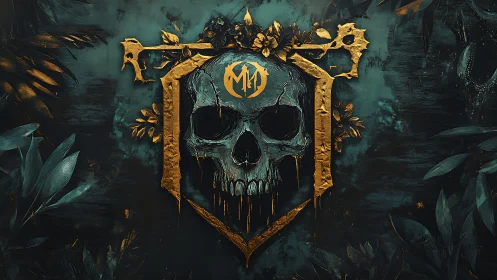 Gilded jungle skull crest glowing in deep teal shadows.