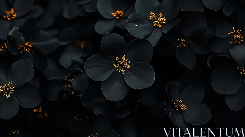 Black flowers with golden stamens against dark background